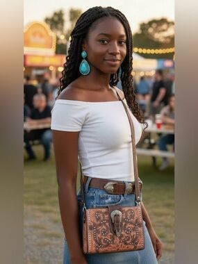 New Bandana by American West Tooled Leather Western Buckle Crossbody Purse